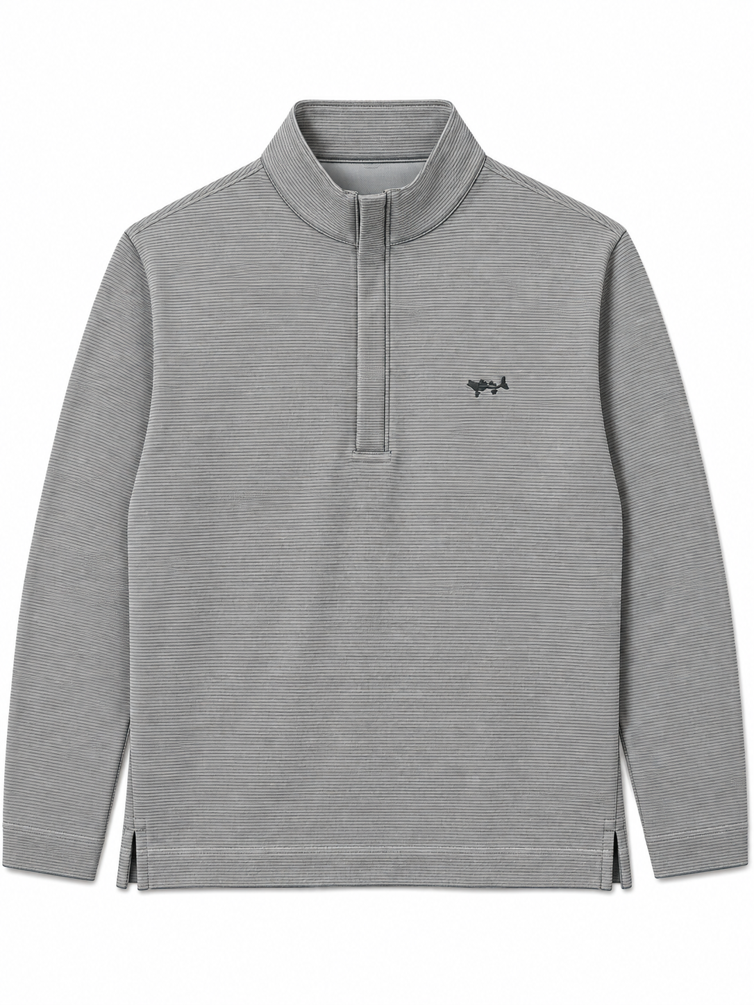 A light gray long-sleeve quarter-zip pullover sweater with a small black embroidered logo on the left chest, displayed on a clean white background.
