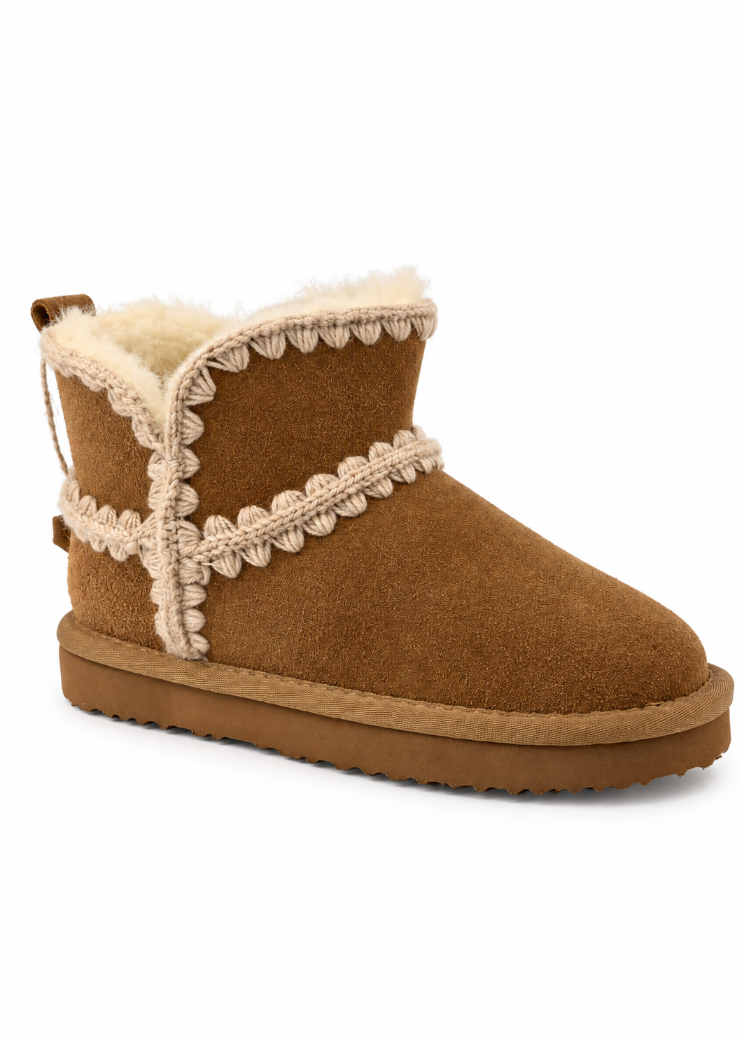 A single brown suede ankle boot with a cream-colored faux fur lining, decorative cream knit trim, and a matching brown sole, shown against a plain white background.