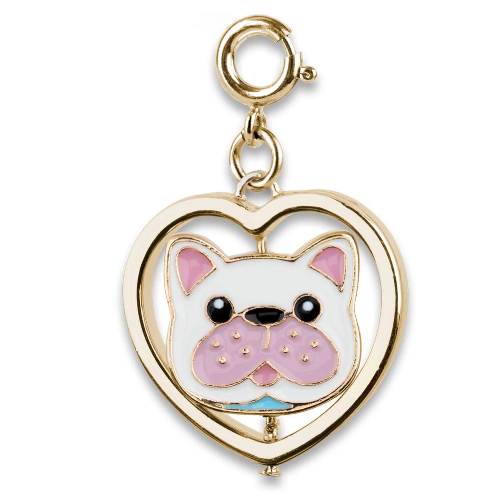 White dog with pink accents and gold hardware charm with gold clasp. 