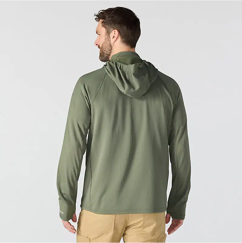 A man wearing an olive green hooded long-sleeve athletic jacket, shown from the back against a light gray studio background.