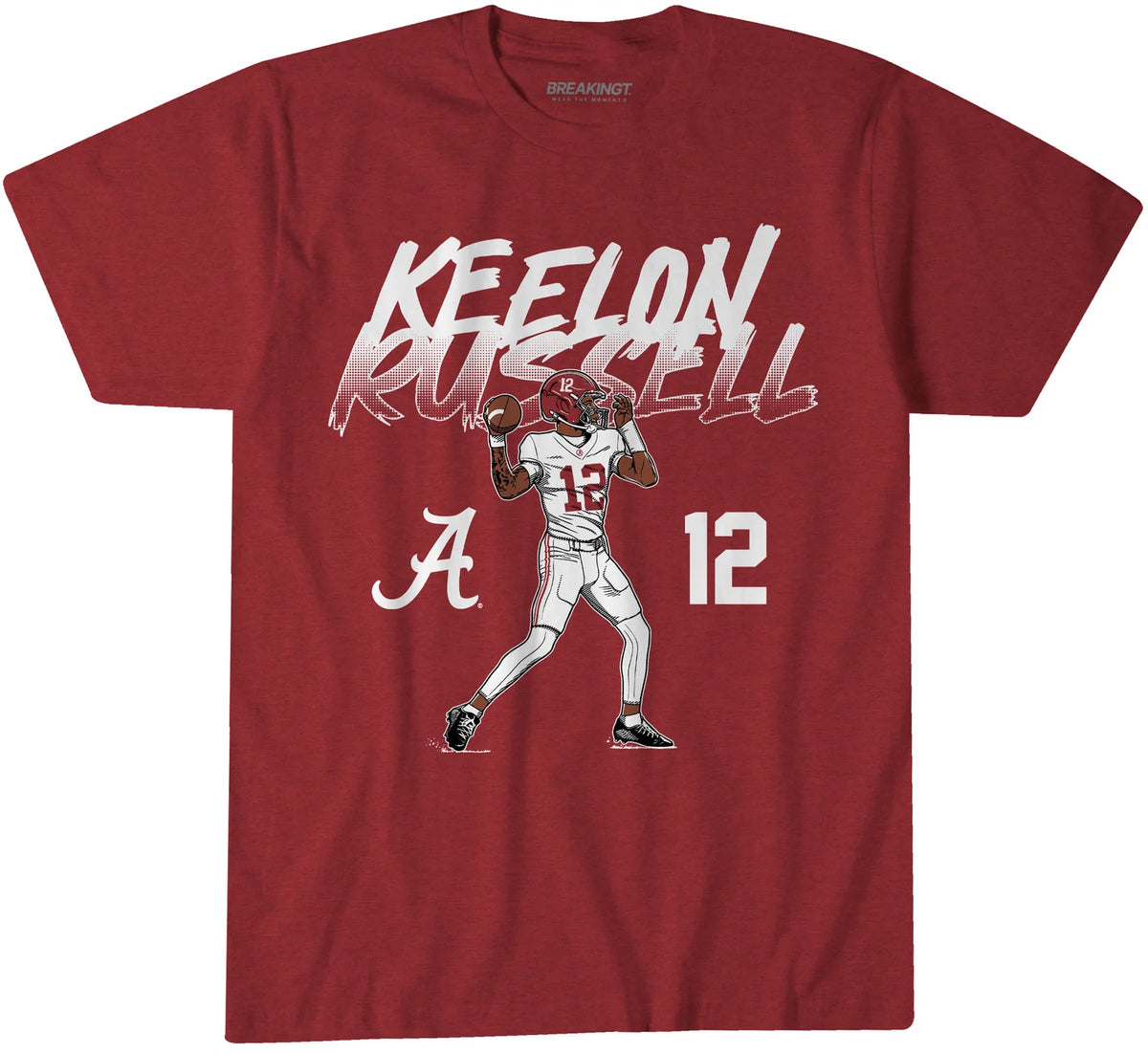A red short-sleeve graphic t-shirt featuring an illustration of football player Keelon Russell in a white Alabama jersey with the number 12, alongside the text 'KEELON RUSSELL' and the Alabama 'A' logo.