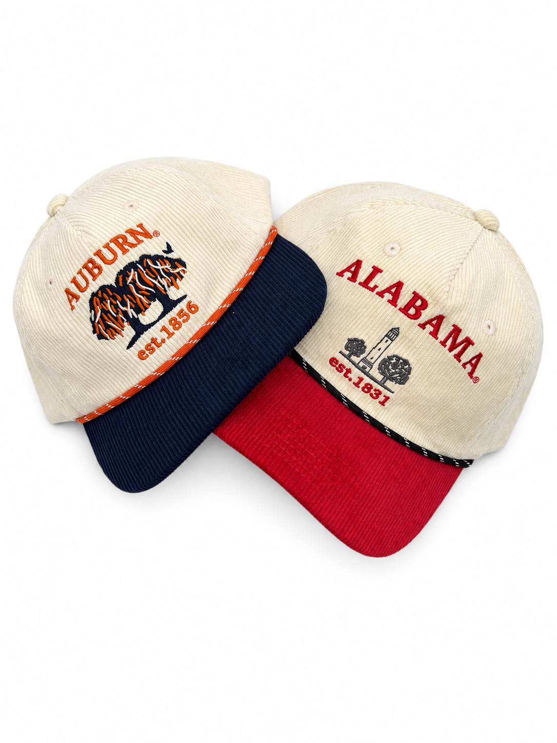 two corduroy hats slighting laying on one another