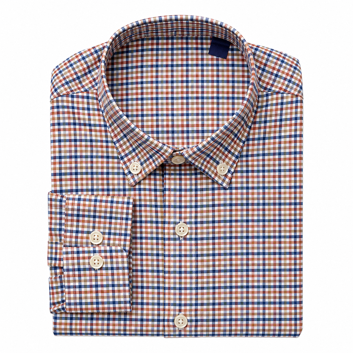 A folded long-sleeve button-down dress shirt with a red, blue, and white gingham check pattern, featuring a classic collar and a buttoned cuff.