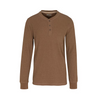 A brown long-sleeve henley shirt with a three-button placket, displayed on a clean white background.