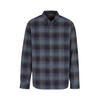 A long-sleeve button-down plaid shirt in navy, blue, and brown tones, displayed on a clean white background.