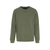 An olive green long-sleeve crewneck sweatshirt with a unique crossed chest detail, displayed on a clean white background.