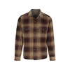 A men's long-sleeve plaid button-up shirt by Filson, featuring a tan and brown check pattern with red and dark accents, dual chest pockets, and a visible Filson brand label inside the collar.