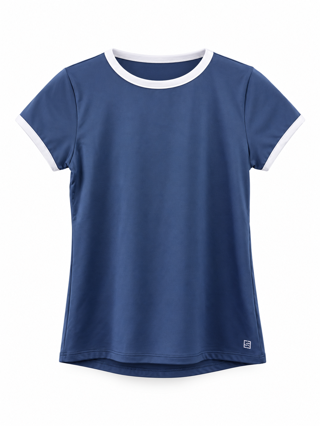 A short-sleeve ringer t-shirt in navy blue with white contrast trim at the crew neck and sleeve cuffs, shown against a plain white background.