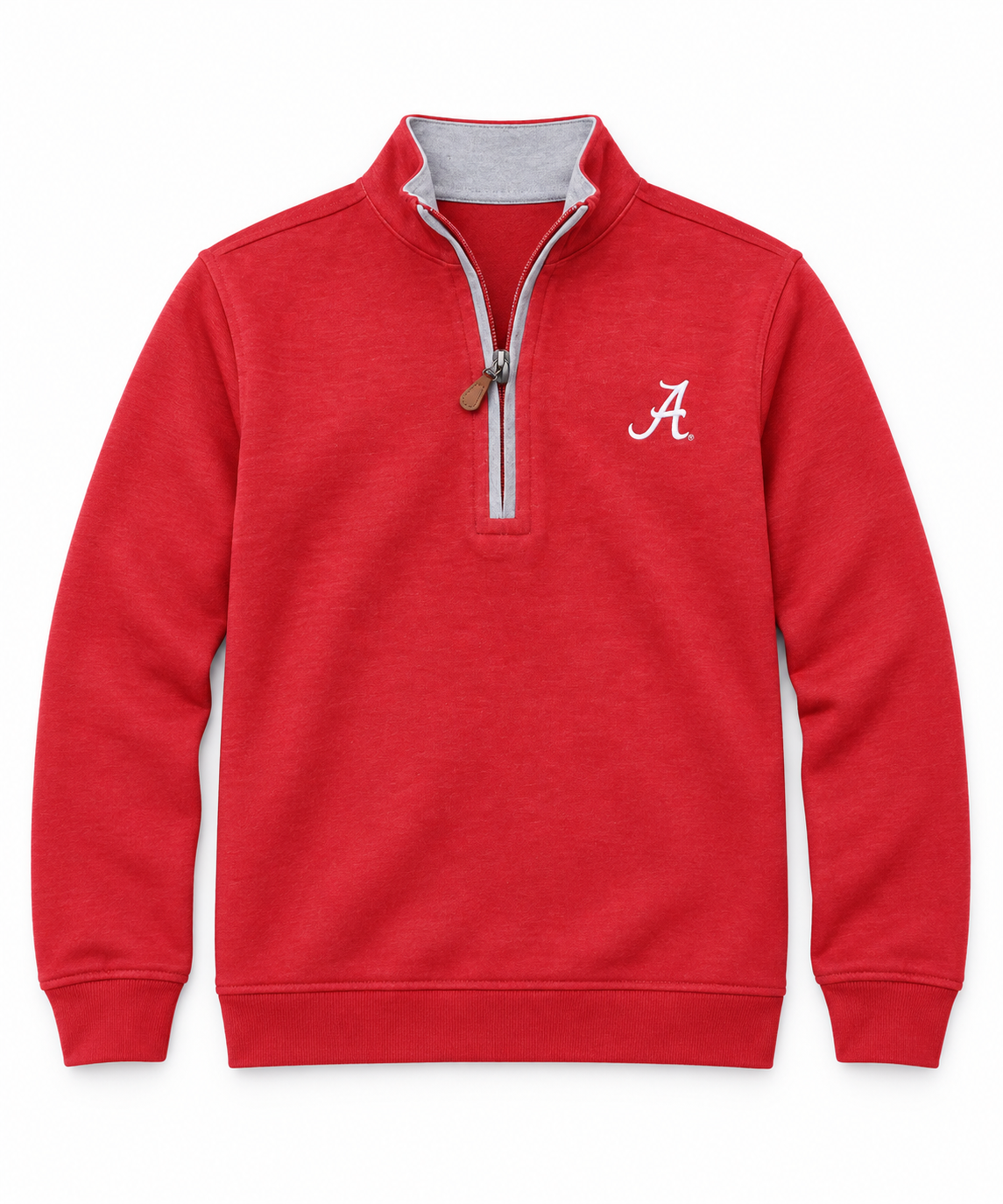 A red long-sleeve quarter-zip sweatshirt with a gray inner collar and a white embroidered script logo on the left chest, displayed on a clean white background.