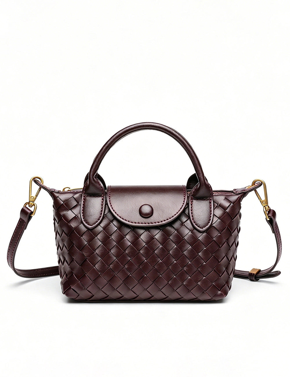 A dark burgundy woven leather handbag with a top handle, a small round snap button closure, and a detachable shoulder strap, shown on a plain white background.