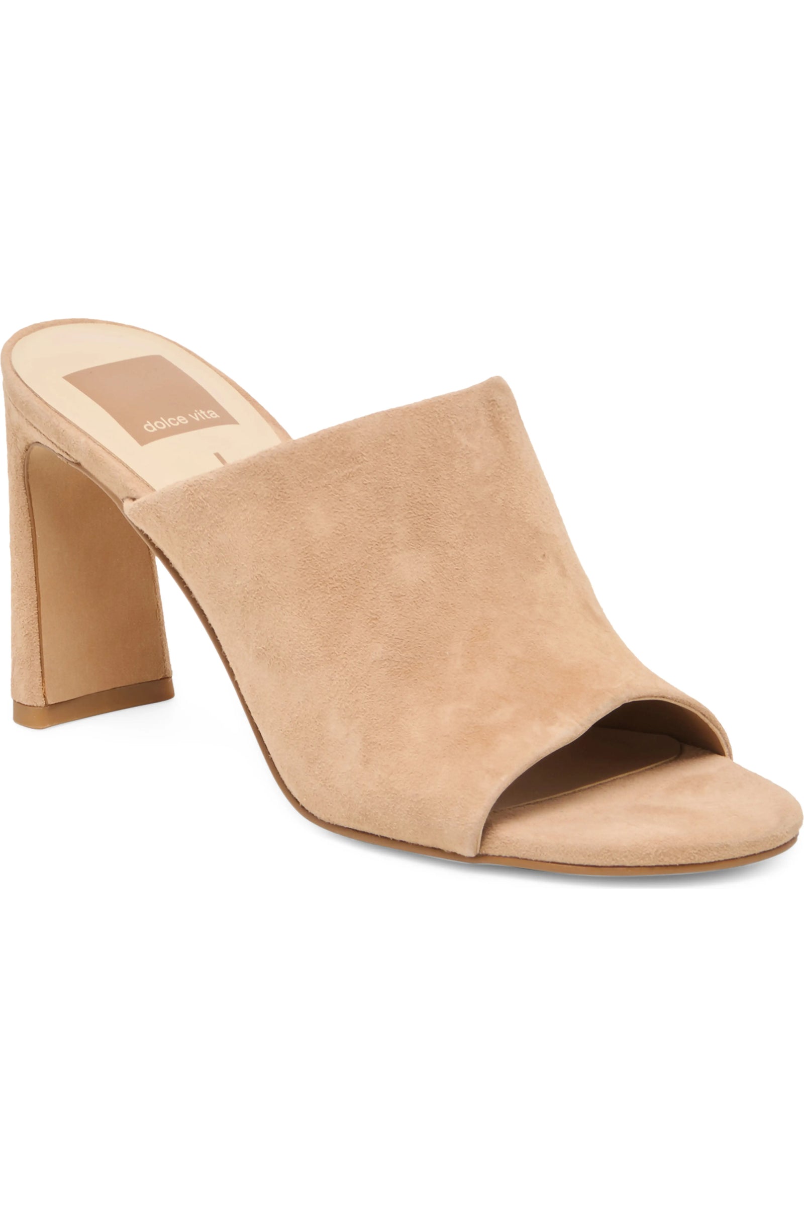 A single nude beige suede mule sandal with a chunky block heel and open toe, shown from a three-quarters angle on a white background.