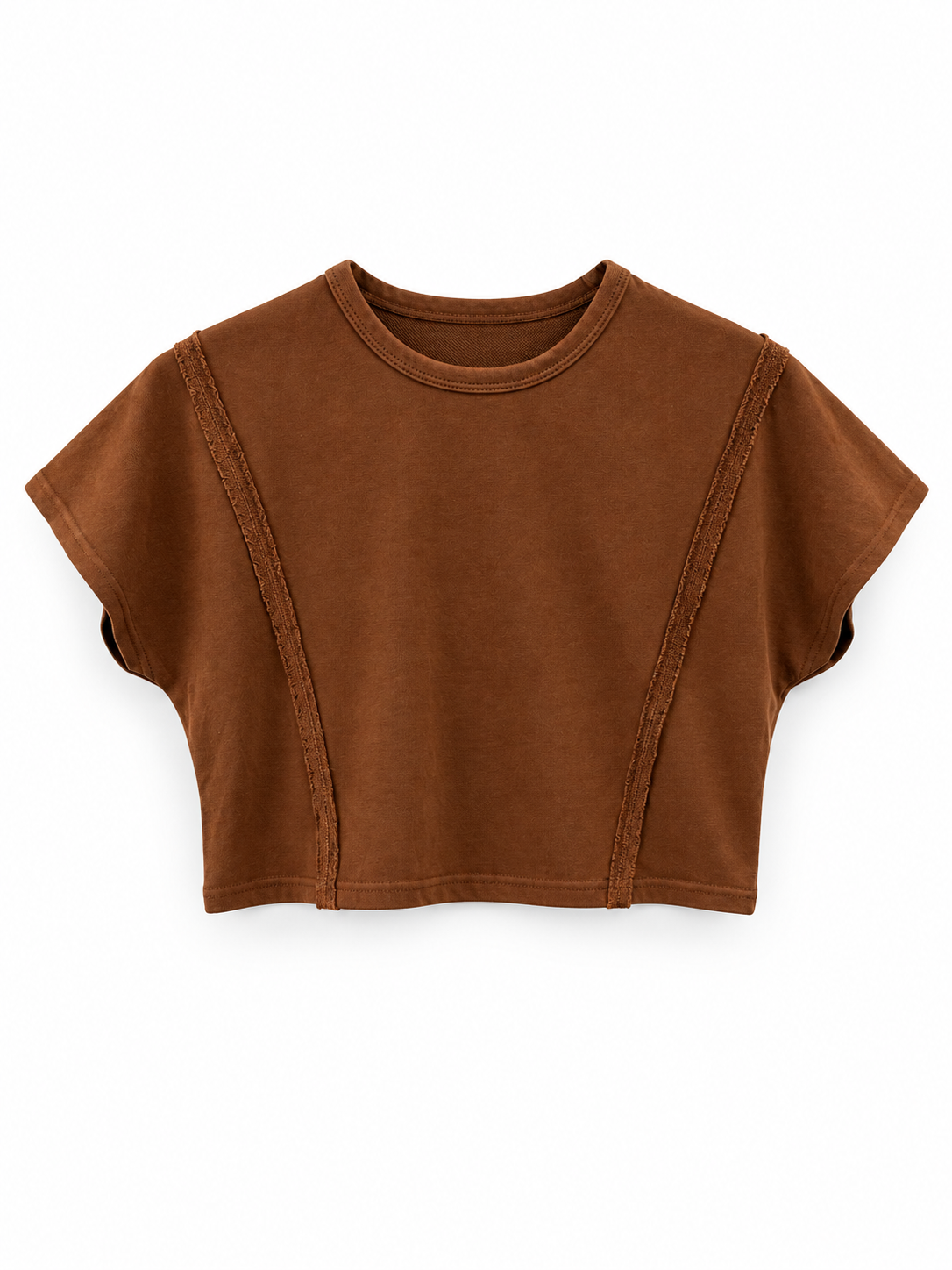 A brown short-sleeve crop top with a crew neck and decorative vertical seam details, shown flat on a white background.