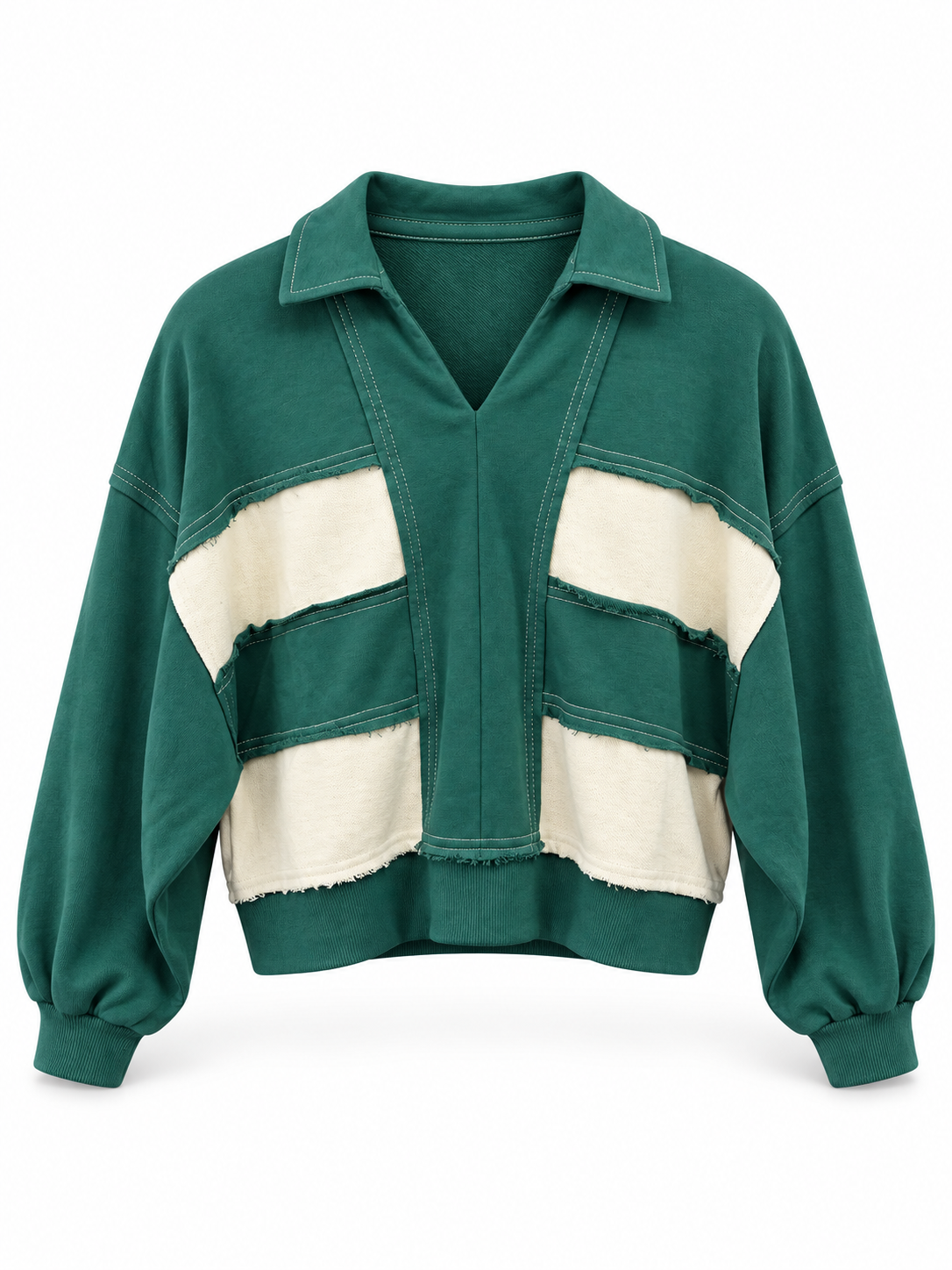 Green and cream color-block sweatshirt with a collared V-neck, exposed seams, long balloon sleeves, and ribbed cuffs and hem on a white background.