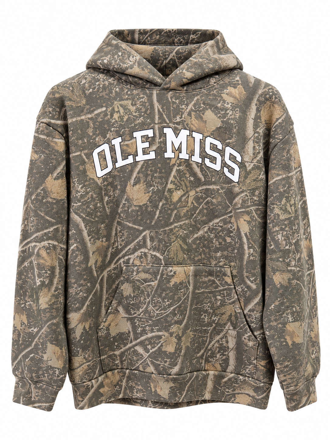 A camouflage hoodie featuring a woodland tree-bark pattern in shades of brown, beige, and gray, with 'OLE MISS' printed in white arched letters across the chest.