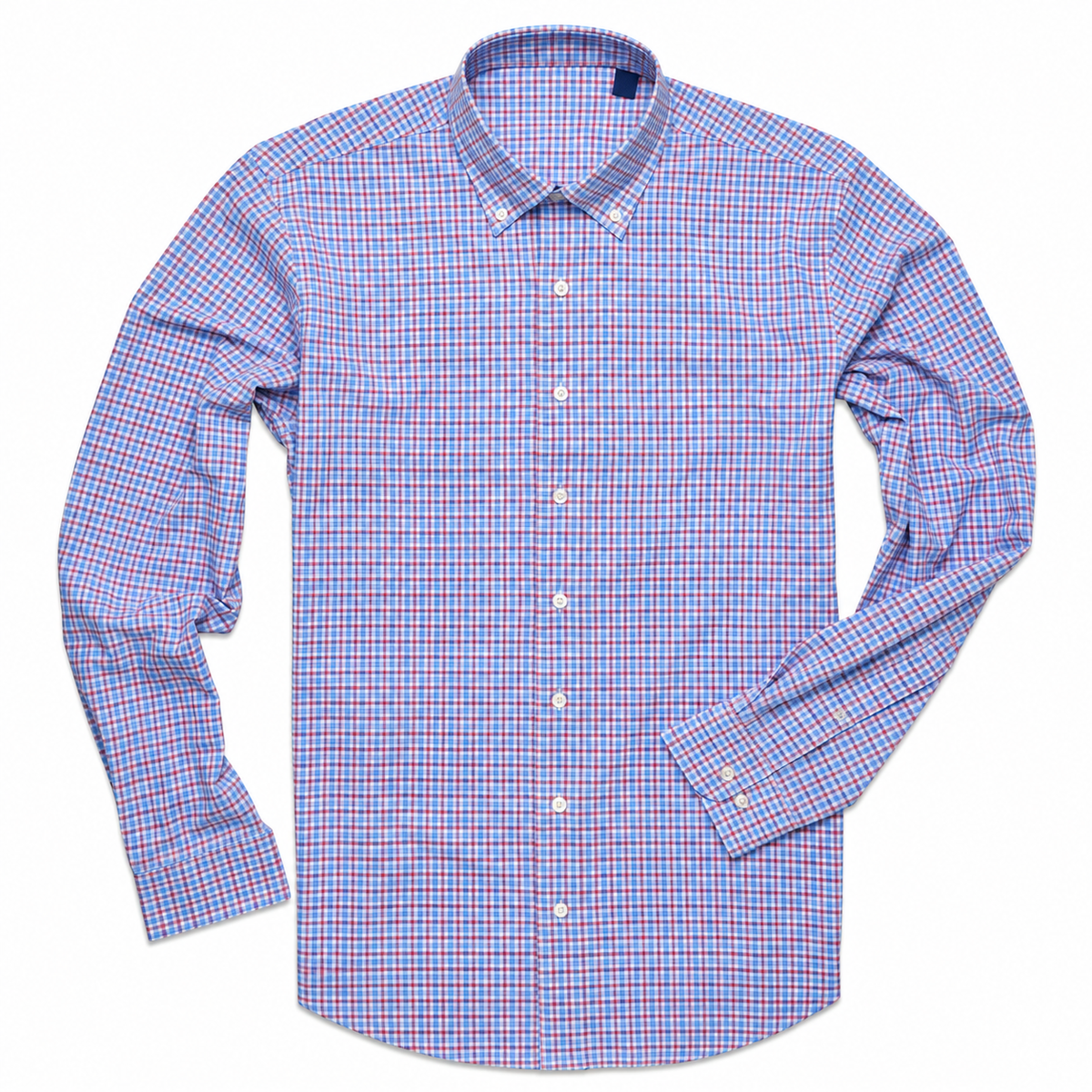 Blue and red checkered button down on white background