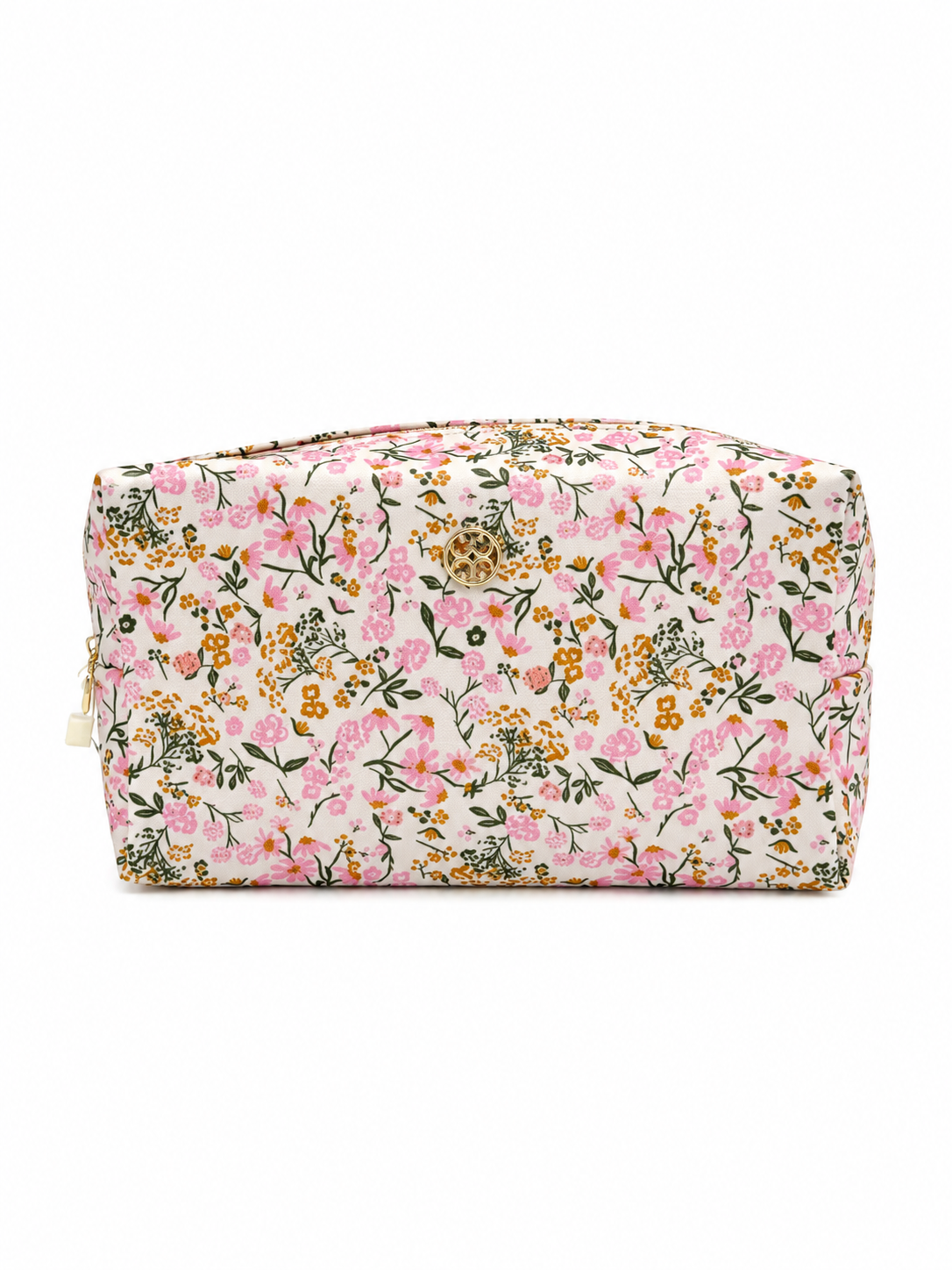 A rectangular zippered cosmetic pouch featuring an all-over floral print in pink, orange, yellow, and green on a white background, shown against a plain white studio backdrop.
