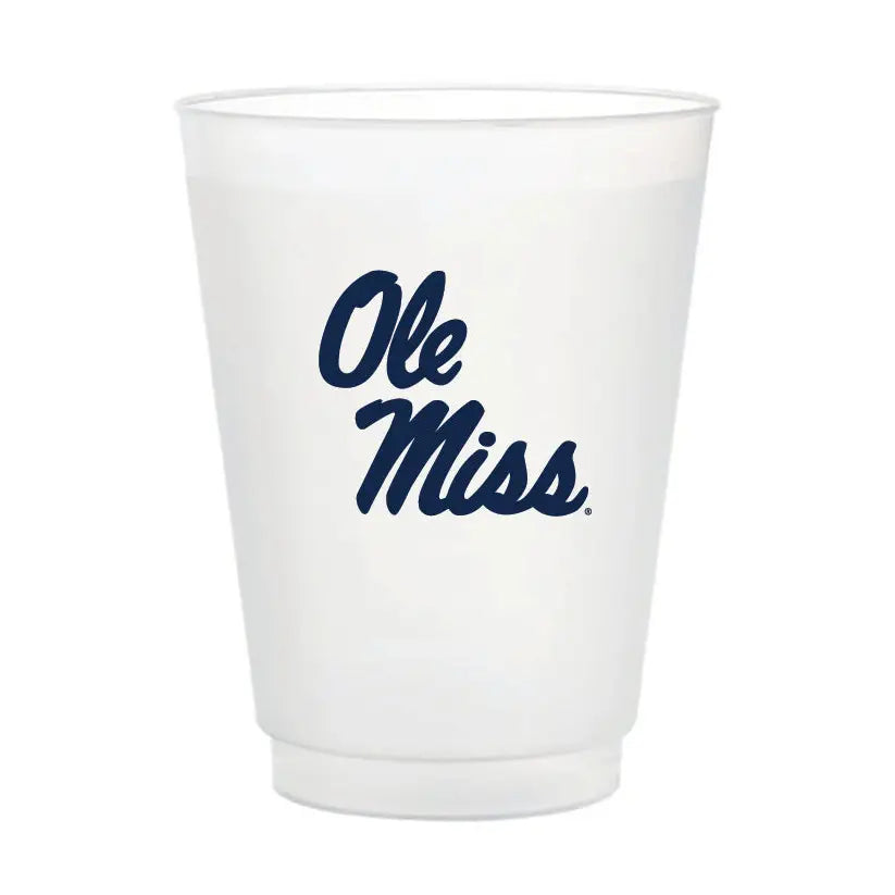 frosted tumbler cup with the "ole miss" logo on it 
