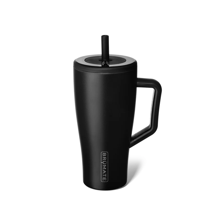A matte black insulated travel tumbler with a matching black handle and lid, featuring a vertical white BRYMATE logo on the lower front, set against a clean white background.