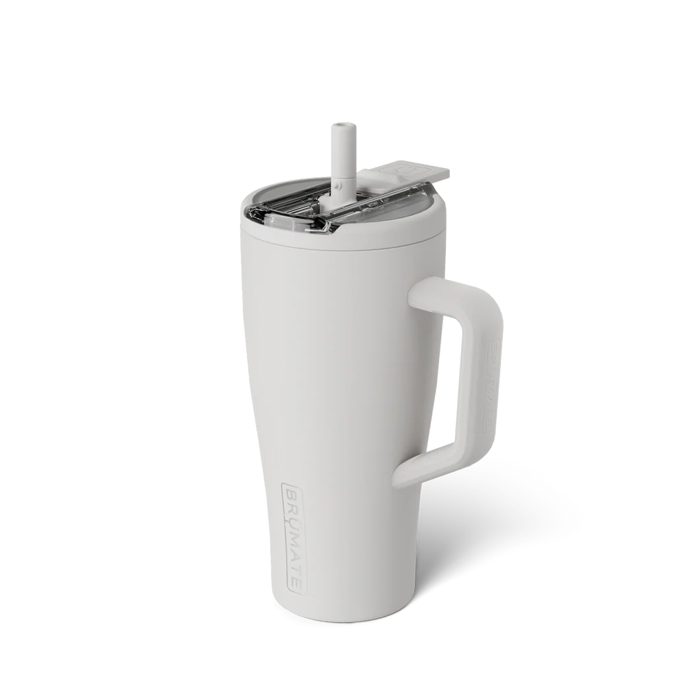 White insulated mug with handle and straw lid on a white background