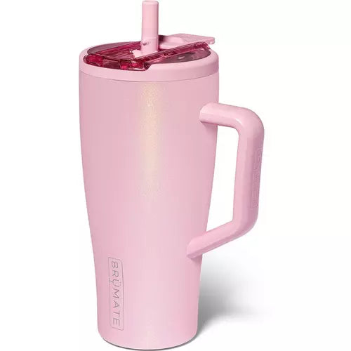 A pink insulated travel tumbler with a handle, a matching pink lid, and a straw, shown on a clean white background. The brand name 'BRUMATE' is vertically printed on the lower front.