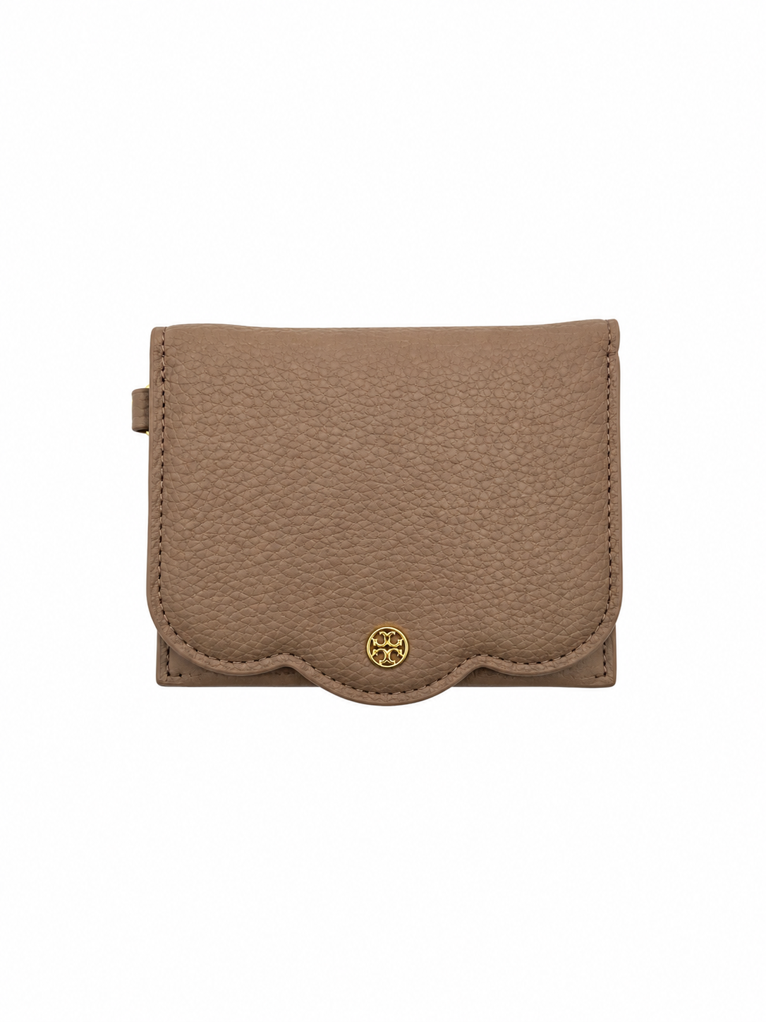 A small brown pebbled leather card holder wallet with a gold-tone circular logo emblem on the front flap, set against a plain white background.