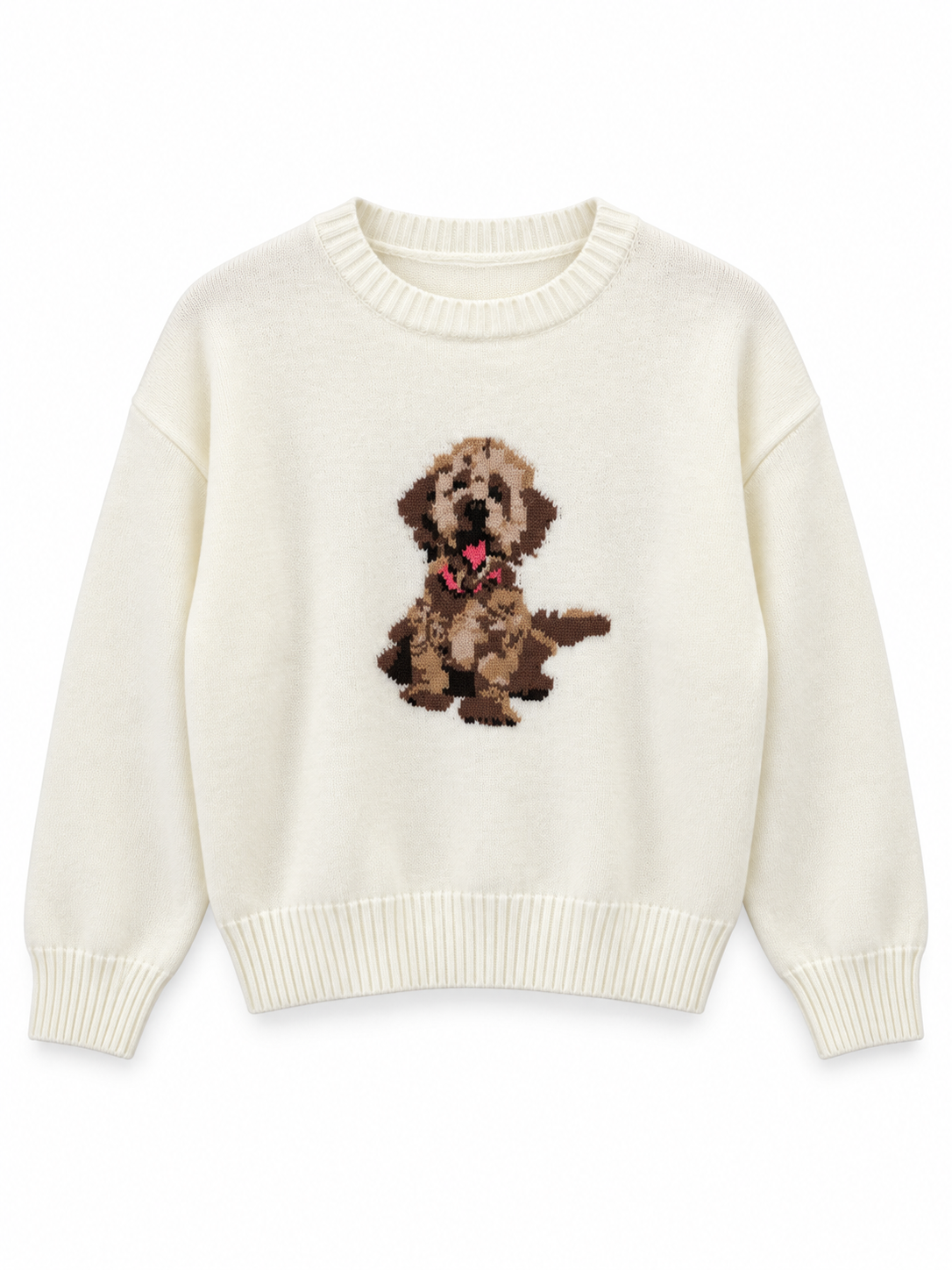 An off-white knit crewneck sweater featuring a central graphic of a brown curly-haired dog wearing a pink bow tie, displayed on a clean white background.