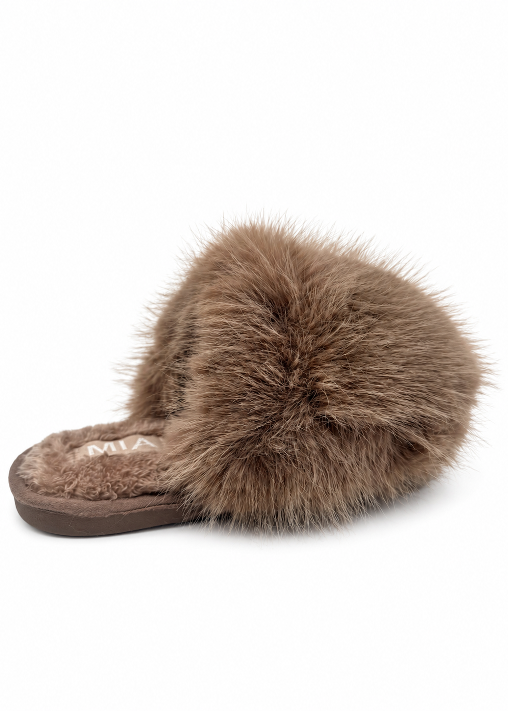 A single brown faux-fur slide slipper with a thick plush upper and a dark brown sole, shown from a side angle on a white background.