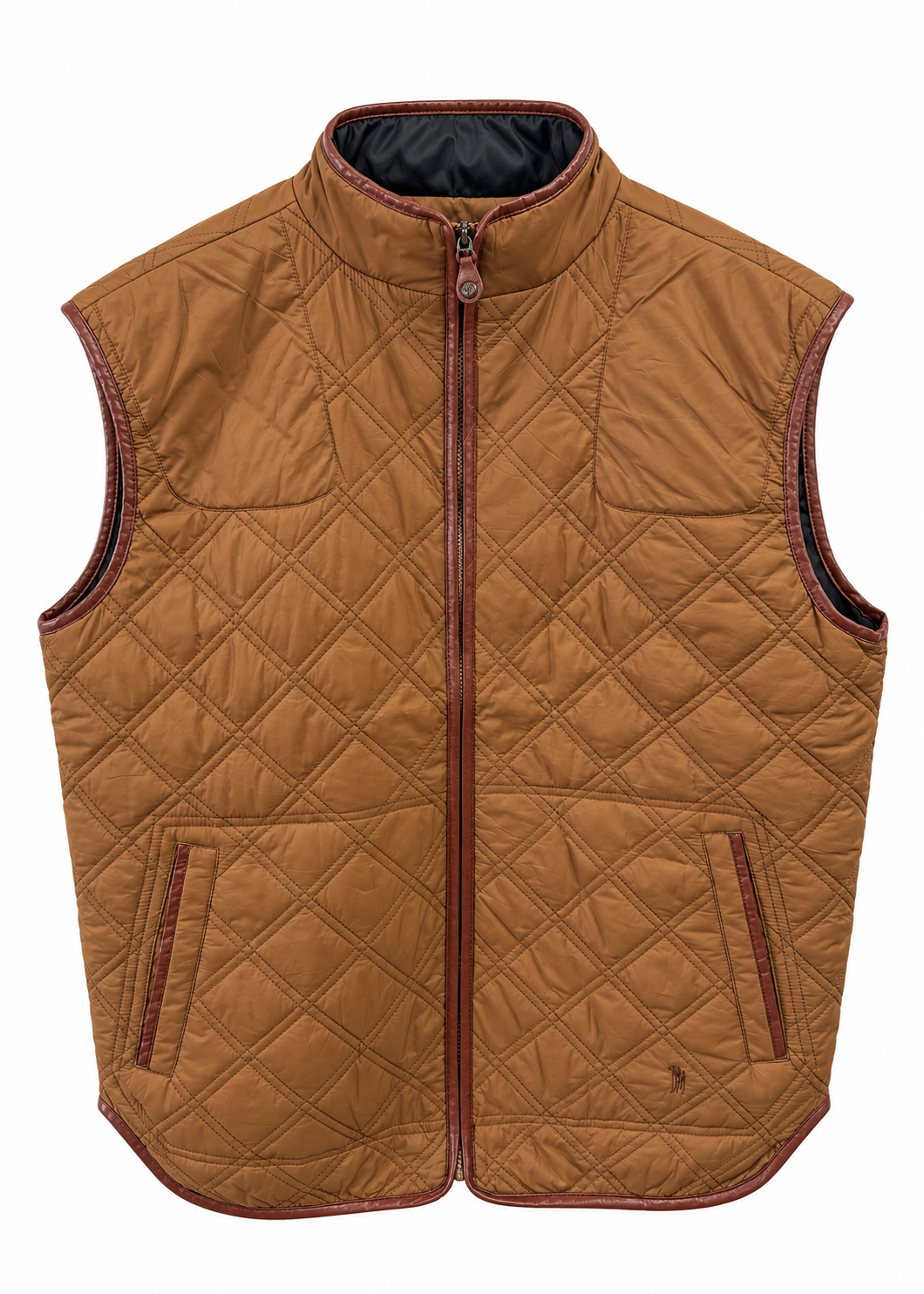 A quilted sleeveless vest in a warm camel brown color, featuring diamond quilting, a full front zipper, a stand-up collar, and zippered hand pockets, shown against a plain white background.