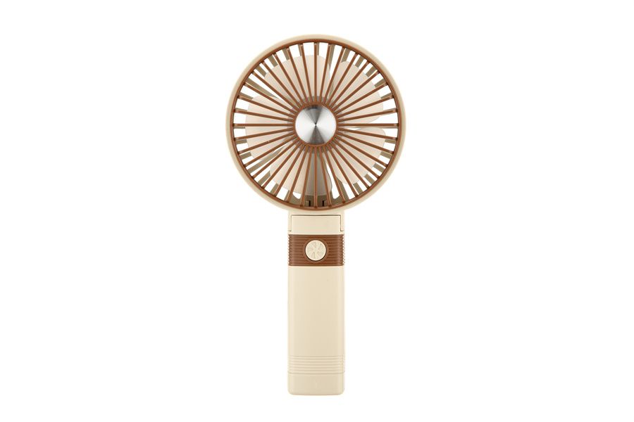Handheld fan with wooden design on a white background
