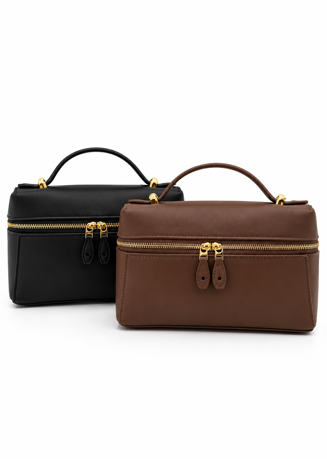 Two structured top-handle handbags in black and brown faux leather with gold-tone hardware, displayed side-by-side on a white background.