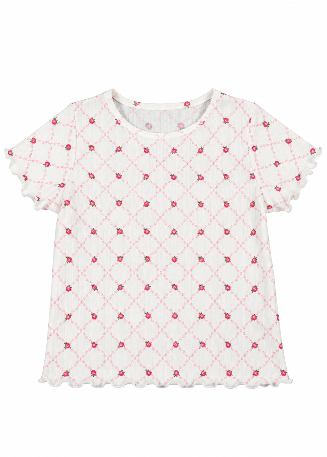 Short sleeve top with a pink rose bud pattern