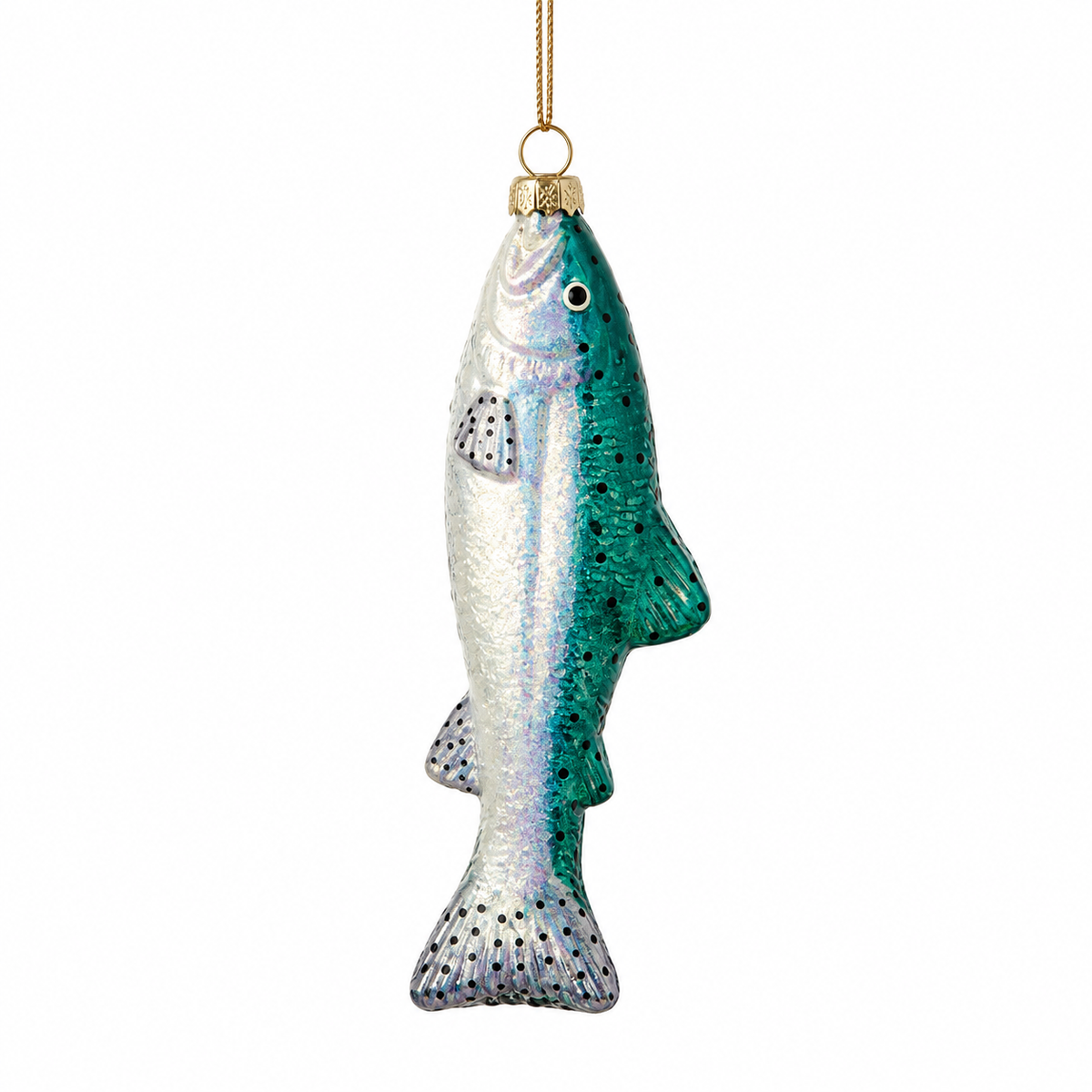 Close up of a green and silver glass trout ornament.