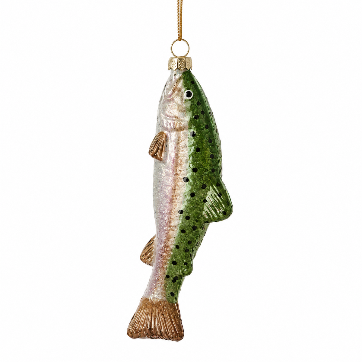 Gold and green glass trout ornament.