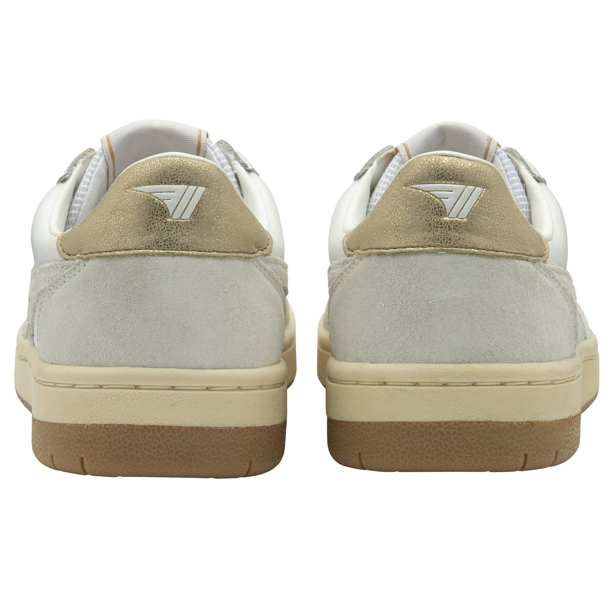 Pair of beige and white sneakers with a brand logo on a white background