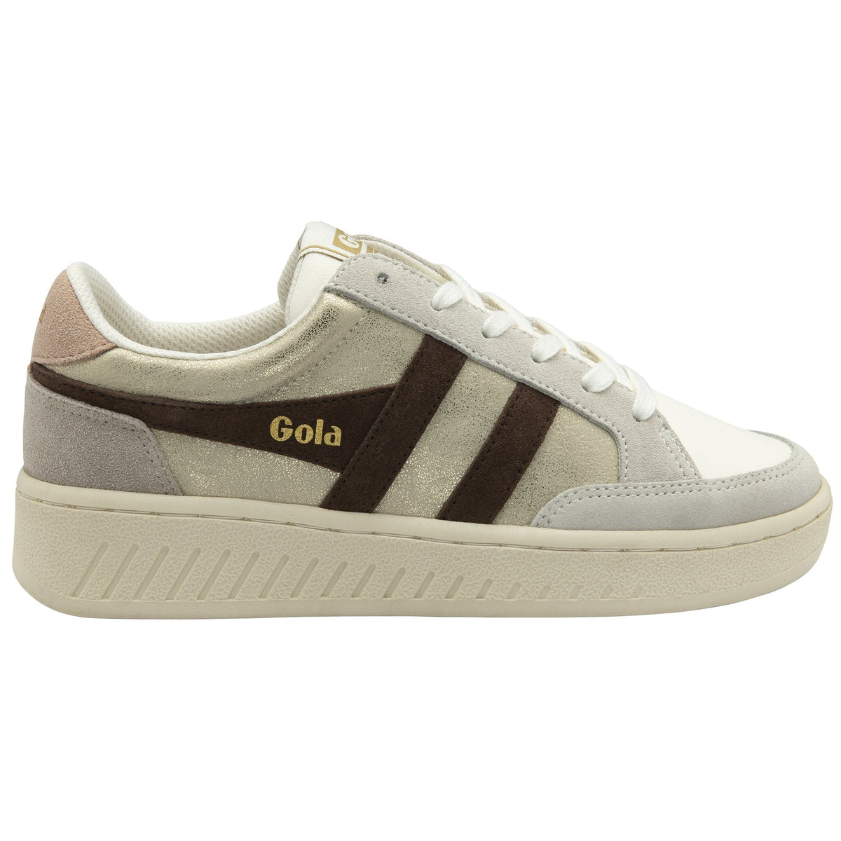 Gray sneaker with brown accents and 'Gola' branding on a white background