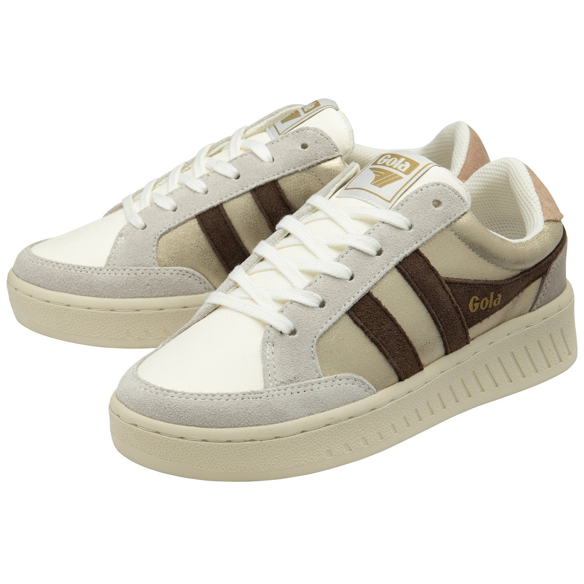 Pair of white and brown sneakers with 'Gola' branding on a white background