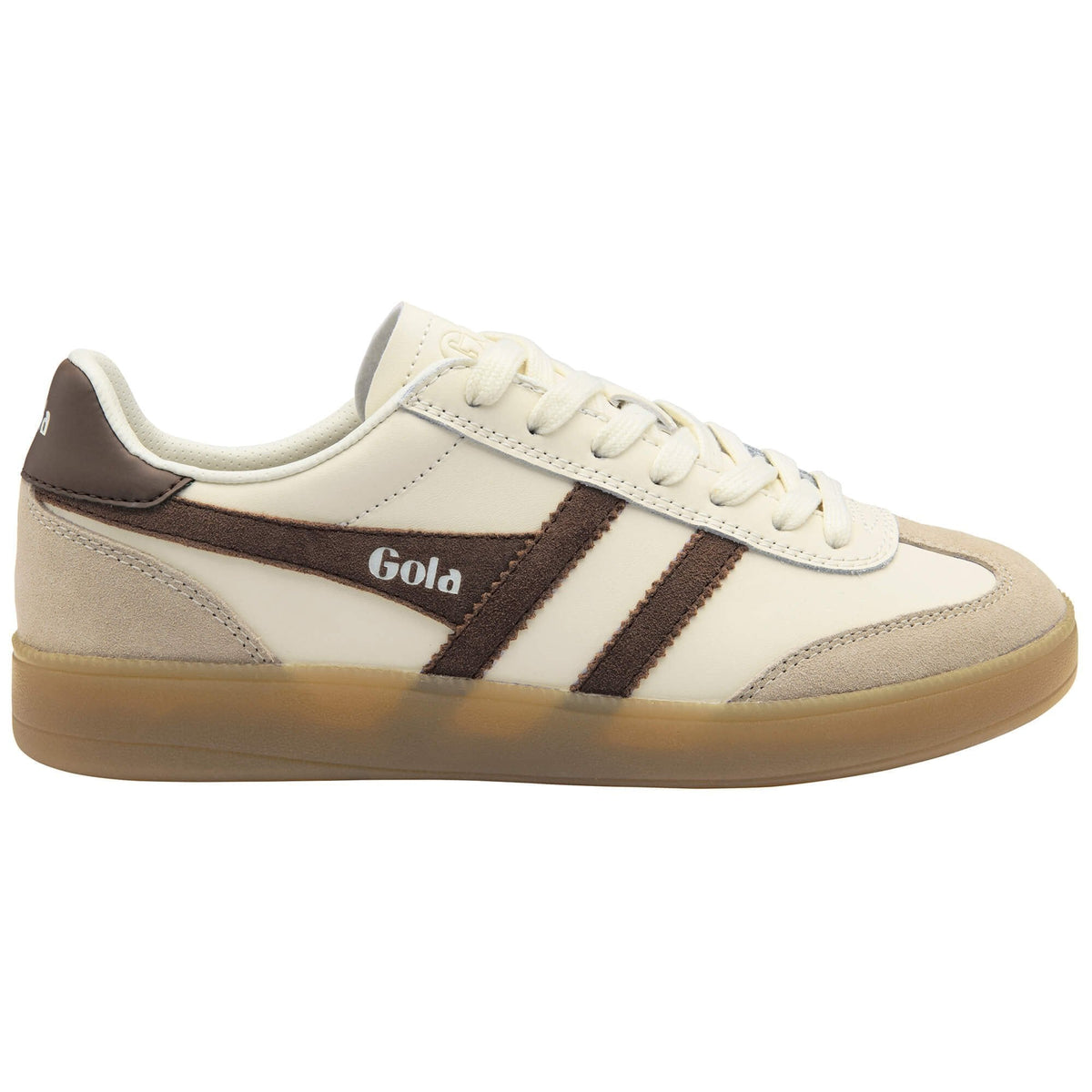 A low-top Gola sneaker in off-white leather and suede with dark brown stripes and a gum sole, shown from a side profile on a white background.