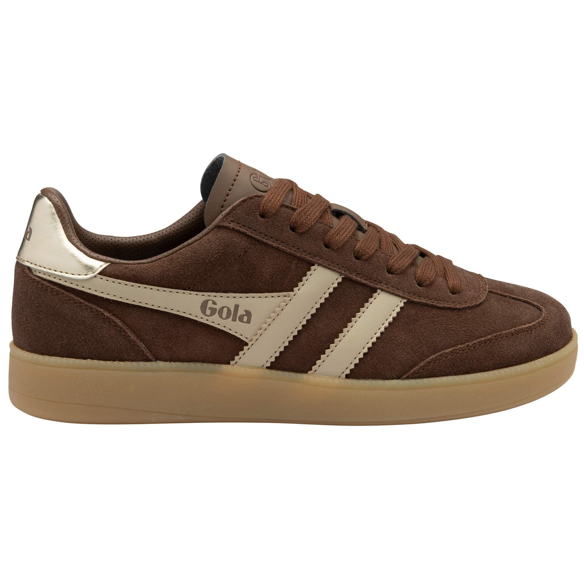 Brown Gola sneaker with white stripes on a white background