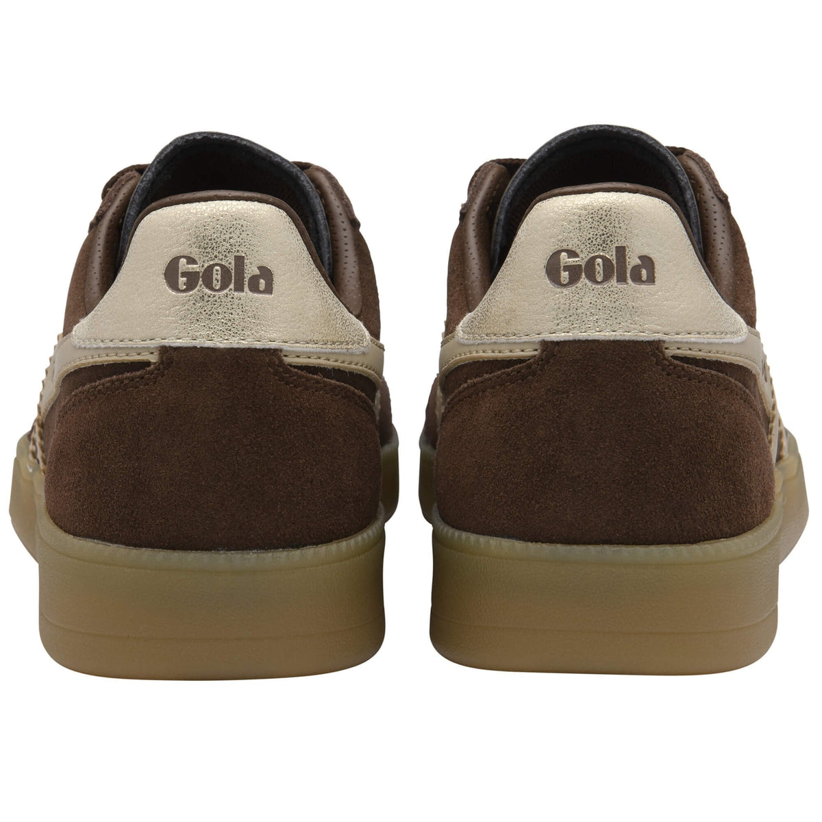 Brown Gola sneakers shown from the back on a white background