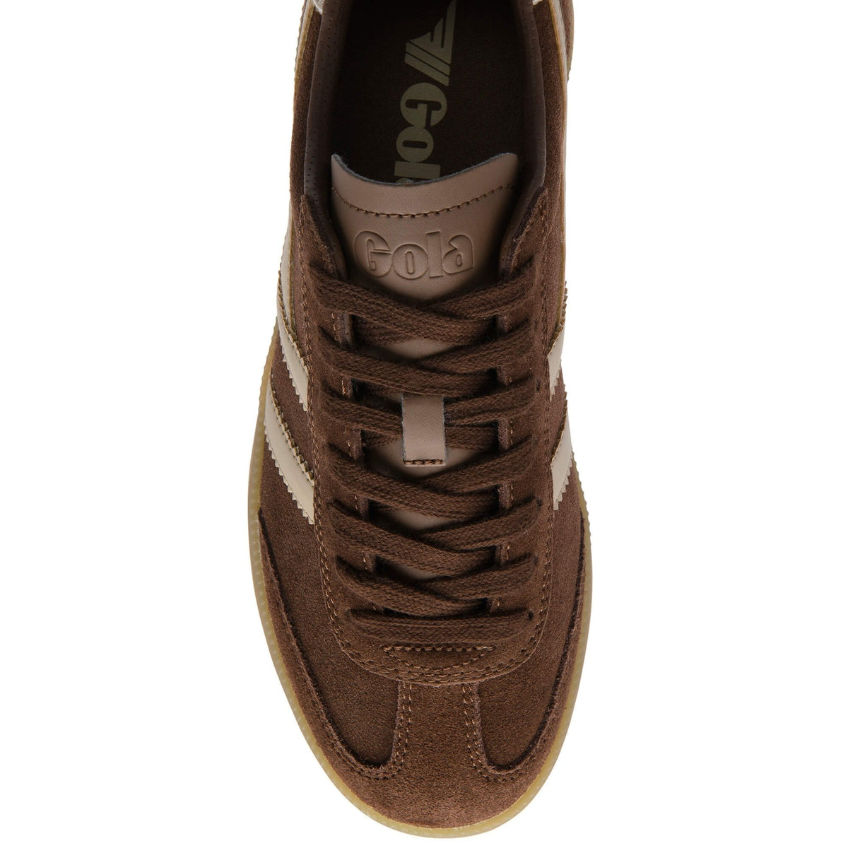 Brown sneaker with white stripe on a white background