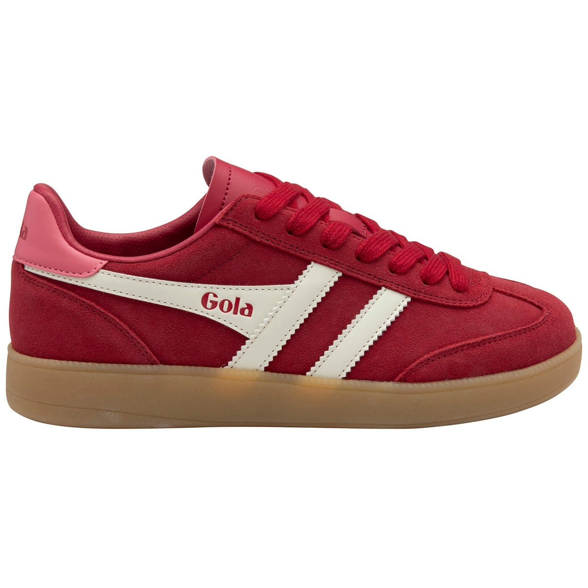 Red sneaker with white stripes and 'Gola' branding on a white background
