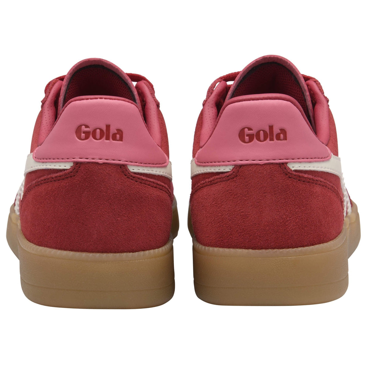 Red Gola sneakers with white soles on a white background