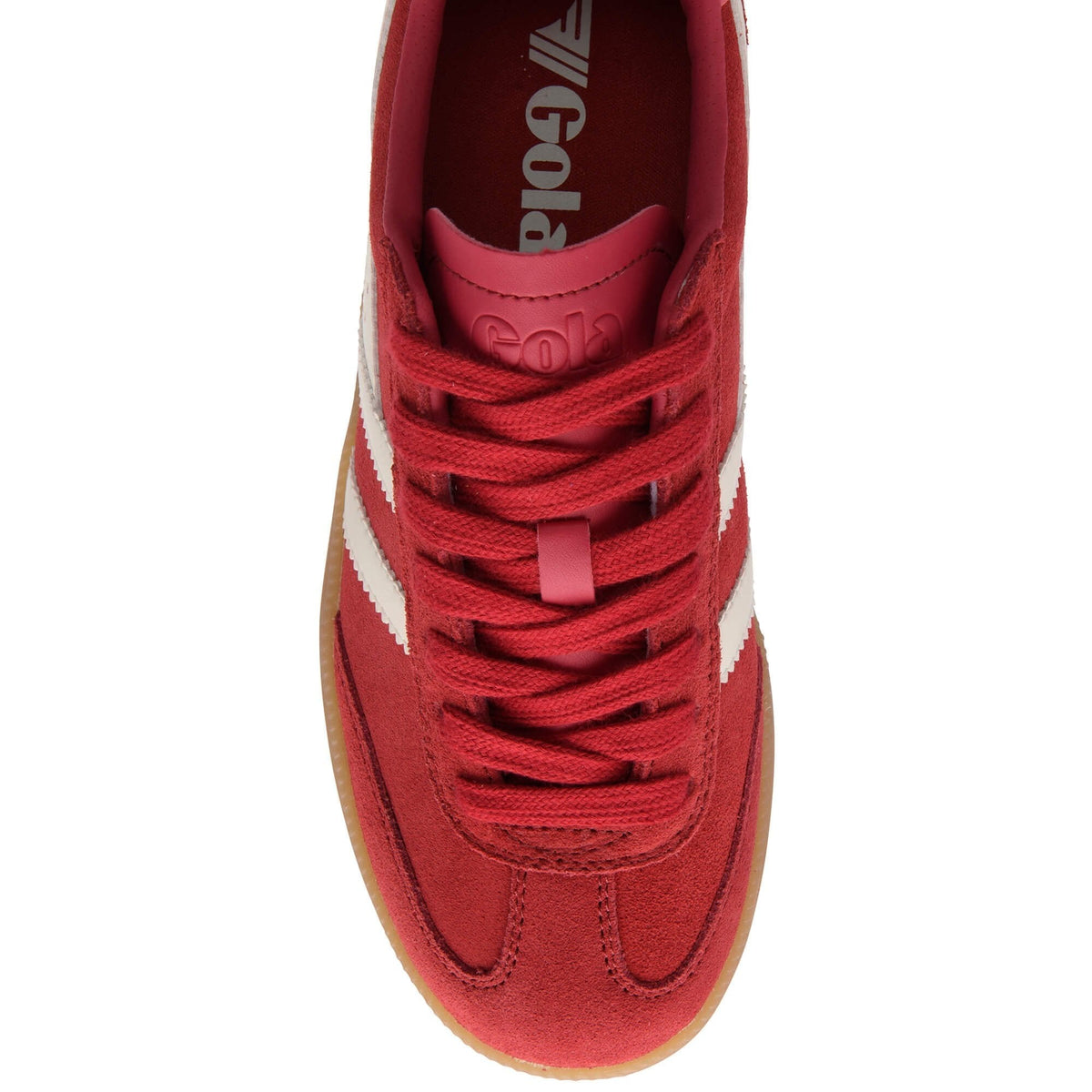 Red sneaker with white laces and visible Gola branding on a white background