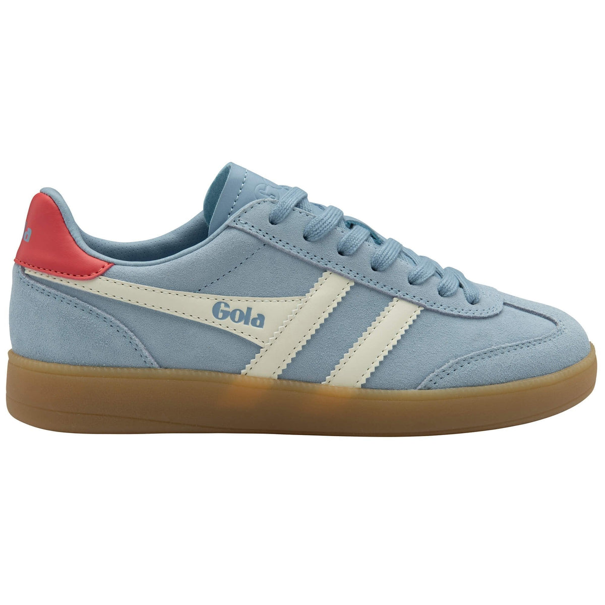Light blue sneaker with red accents and Gola branding on a white background