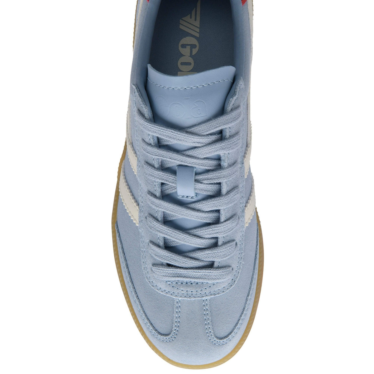 Light blue sneaker with a brand logo on a white background
