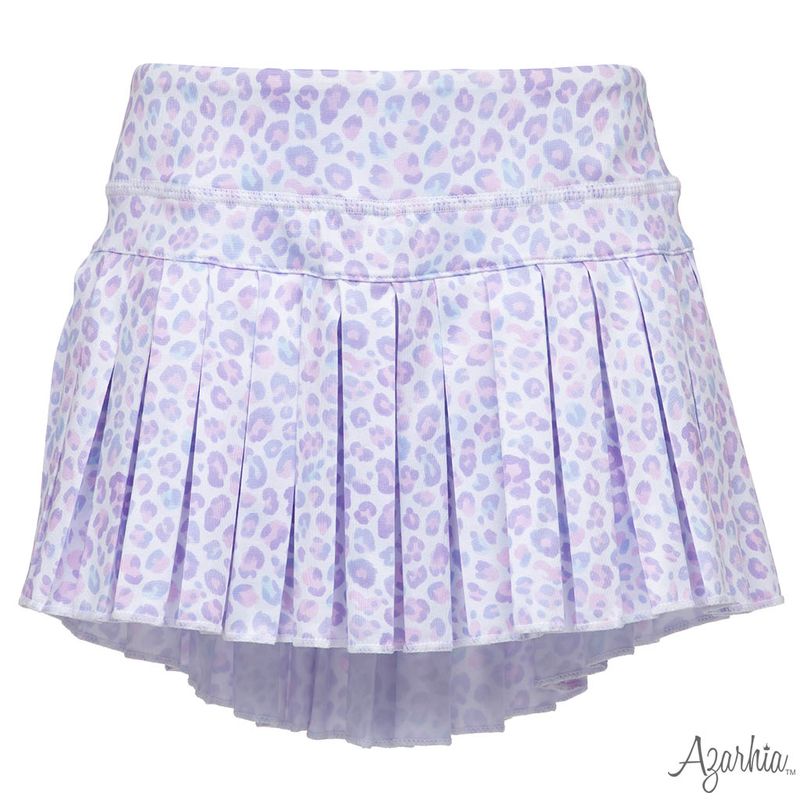 A high-waisted, pleated tennis skirt in a light lavender and purple leopard print pattern, shown against a plain white background with the 'Agathia' brand name visible in the bottom right corner.