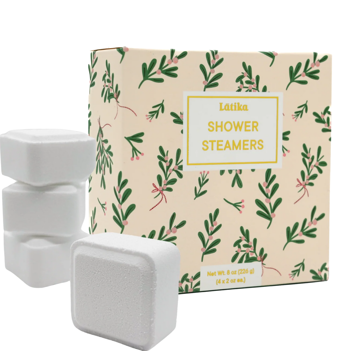 shower steamers in a holly Christmas themed box