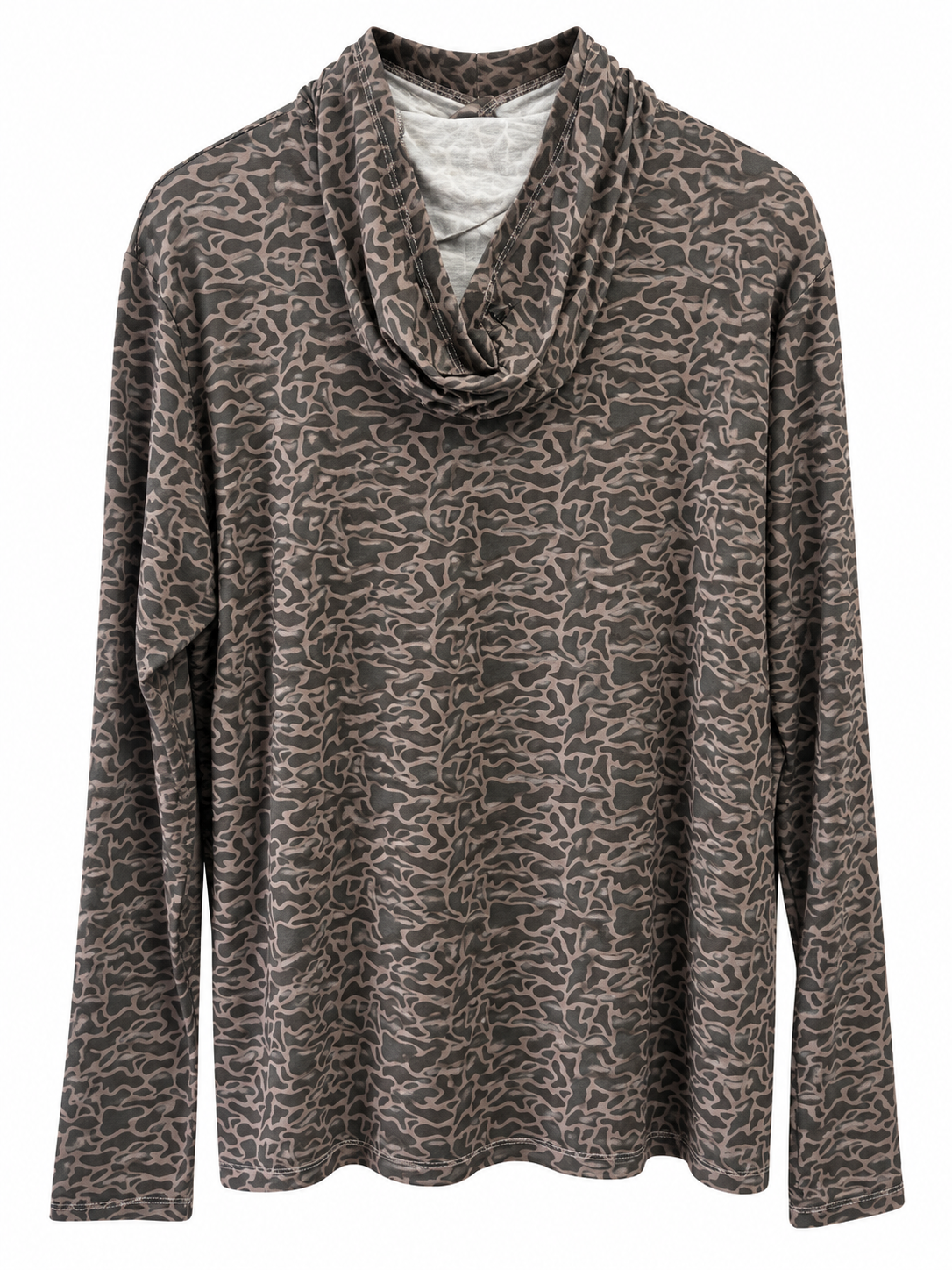 A long-sleeve hooded sweatshirt with an abstract brown and beige pattern, featuring a contrasting light gray hood lining, shown against a plain white background.