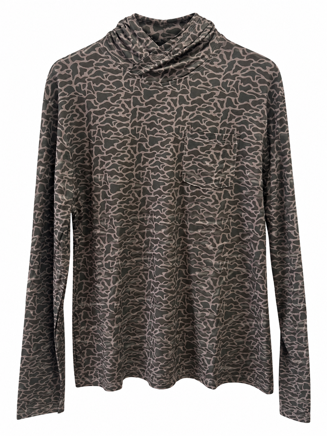 A long-sleeve hooded sweatshirt with an abstract brown and beige pattern, featuring a contrasting light gray hood lining, shown against a plain white background.