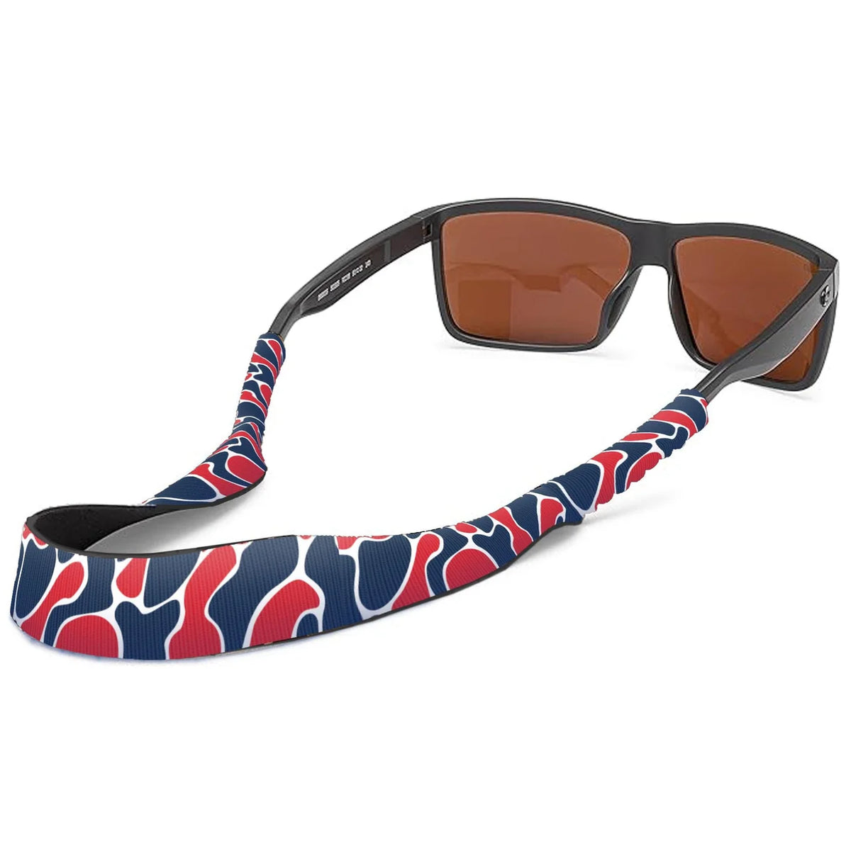 A pair of sunglasses with a patterned fabric strap in red, navy, and white, shown on a plain white background.